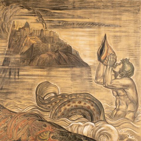 Triton soufflant dans une conque devant l'île d'Ischia. Circa 1935.